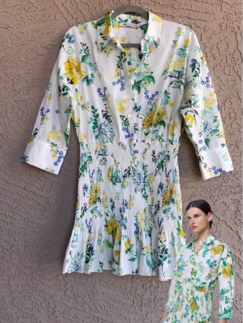 Zara Floral Smocked Shirtdress — Yellow & Green on White